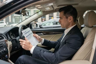 Chauffeur VTC en costume sombre consultant son contrat d'assurance auto à bord de sa berline noire