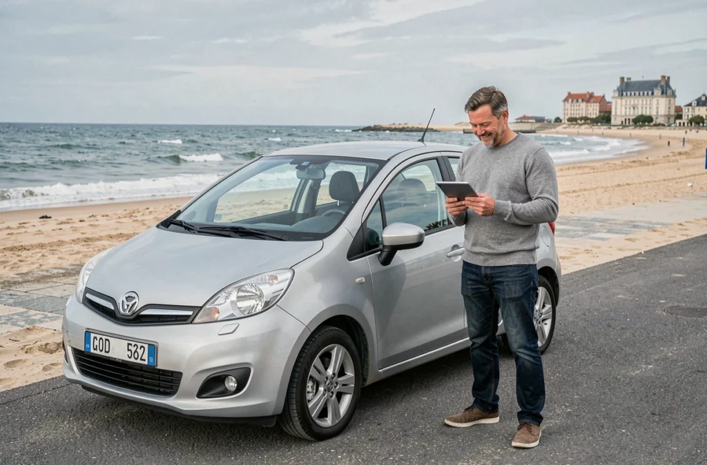 Homme comparant des offres d'assurance auto en bord de mer aux Sables-d'Olonne