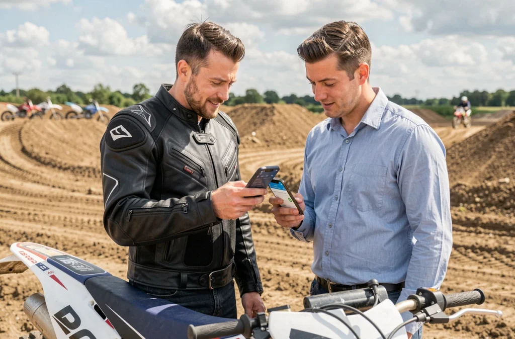 Deux hommes comparant des offres d'assurance moto cross sur smartphone au bord d'un circuit