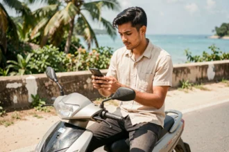 Jeune homme mahorais comparant des offres d'assurance scooter sur smartphone au bord de la route à Mayotte