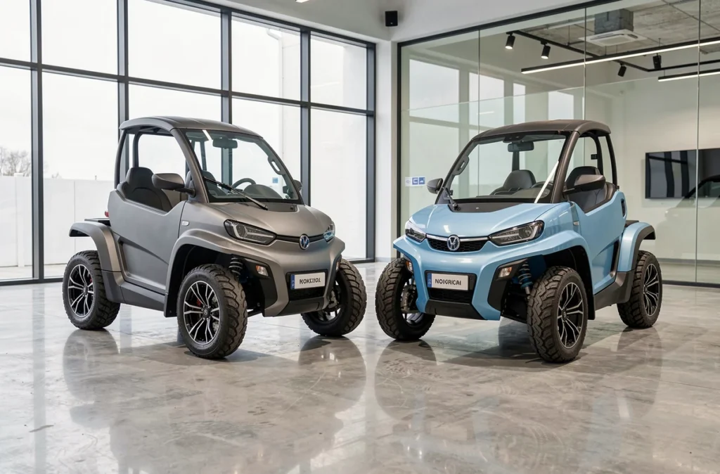Deux modèles de voitures sans permis électriques exposés côte à côte dans un showroom automobile moderne