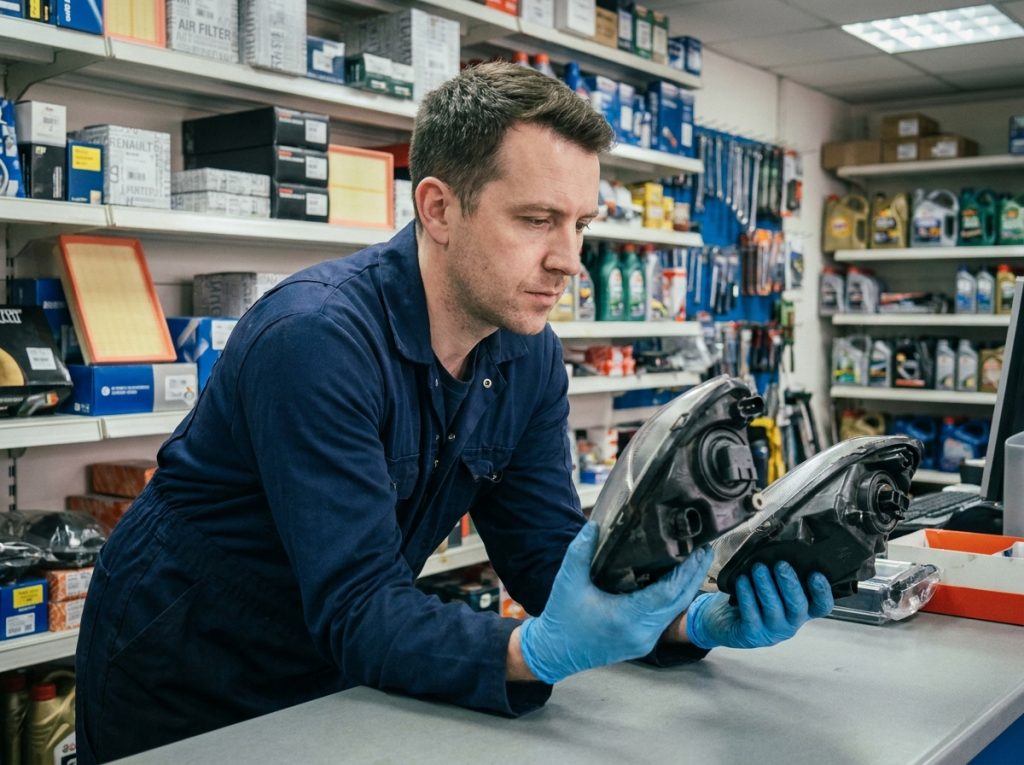 Technicien comparant deux phares avant Renault Clio 2 compatibles dans un magasin de pièces auto