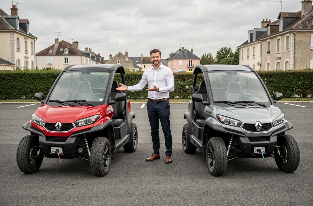 Comparaison de deux voitures sans permis lors d'un essai chez un concessionnaire à Bourg-en-Bresse