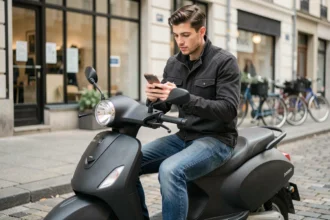 Jeune homme consultant un comparateur d'assurance scooter 125 sur son smartphone en milieu urbain
