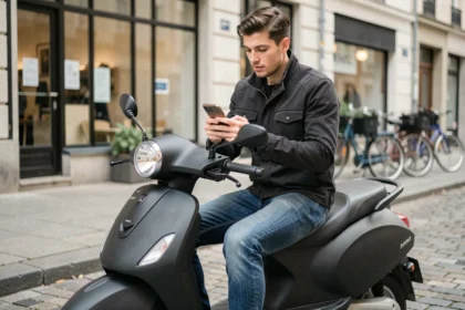 Jeune homme consultant un comparateur d'assurance scooter 125 sur son smartphone en milieu urbain