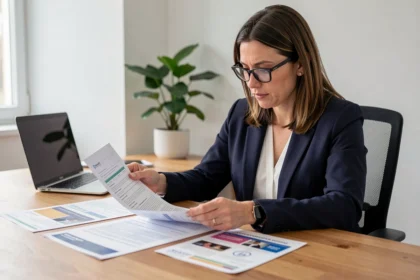Femme comparant des offres d'assurance auto sur des documents imprimés dans un bureau à domicile à Montpellier