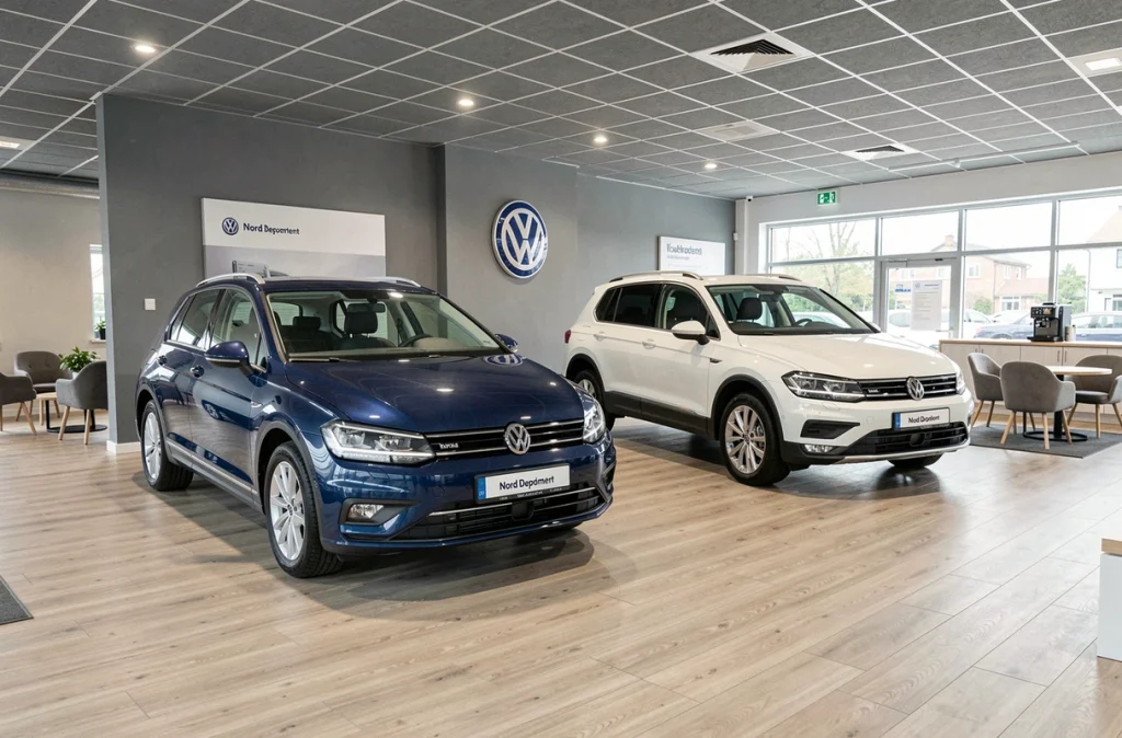 Volkswagen Golf et Tiguan exposées dans le showroom de la Concession Volkswagen du Nord