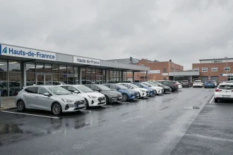 Vue panoramique d'un quartier de concessionnaires automobiles dans le Nord de la France avec des véhicules neufs alignés devant des showrooms modernes