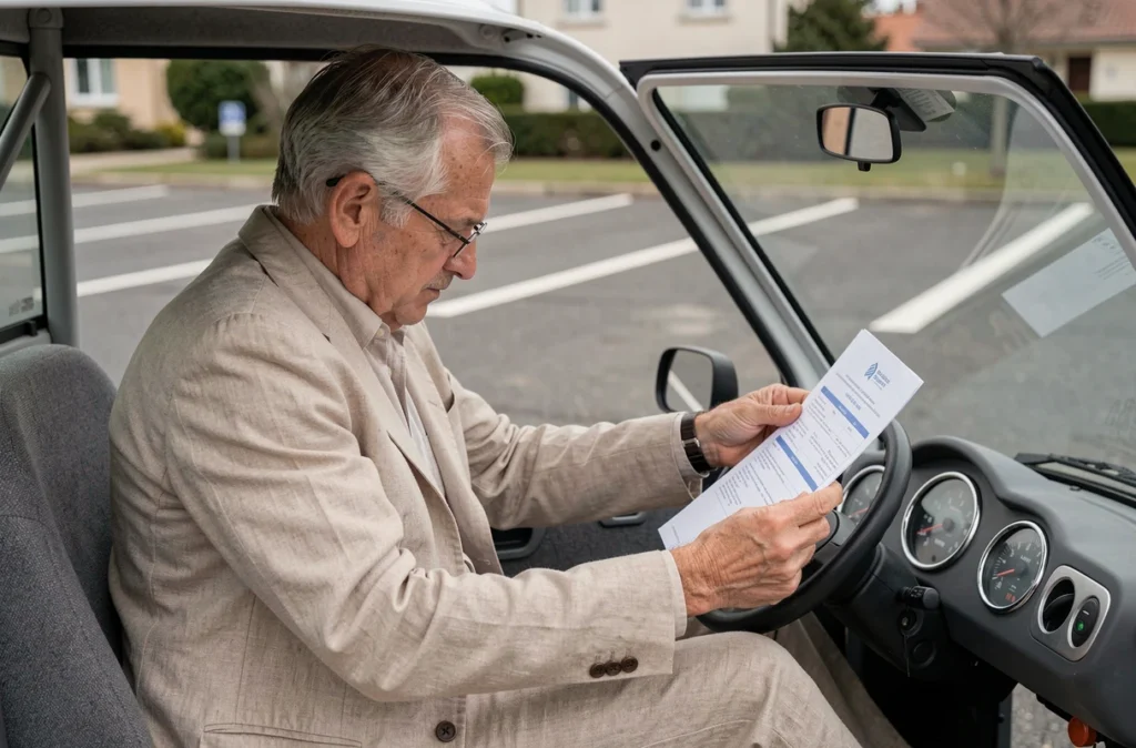 Homme âgé assis dans une voiture sans permis consultant un document réglementaire d'immatriculation