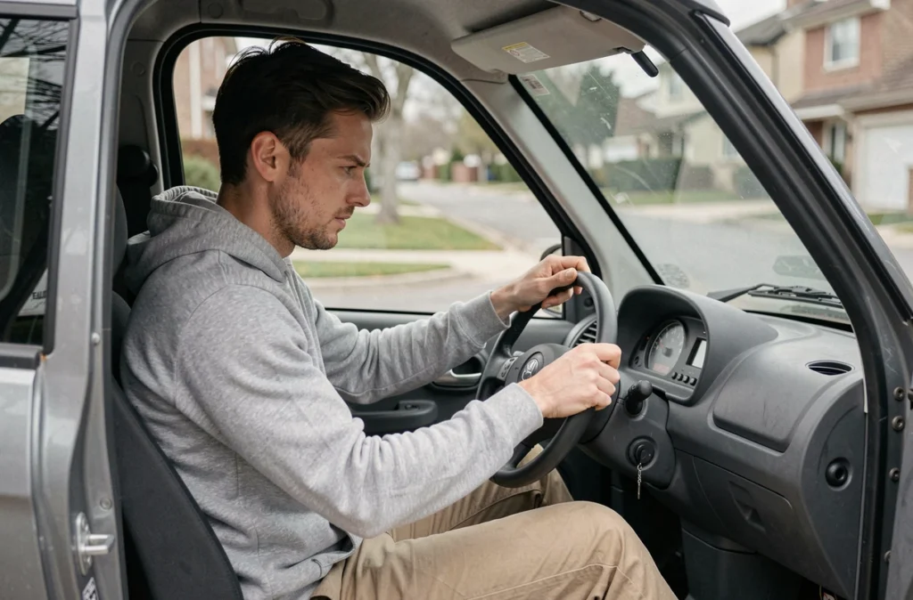 Conducteur de voiture sans permis vérifiant la jauge de carburant sur le tableau de bord