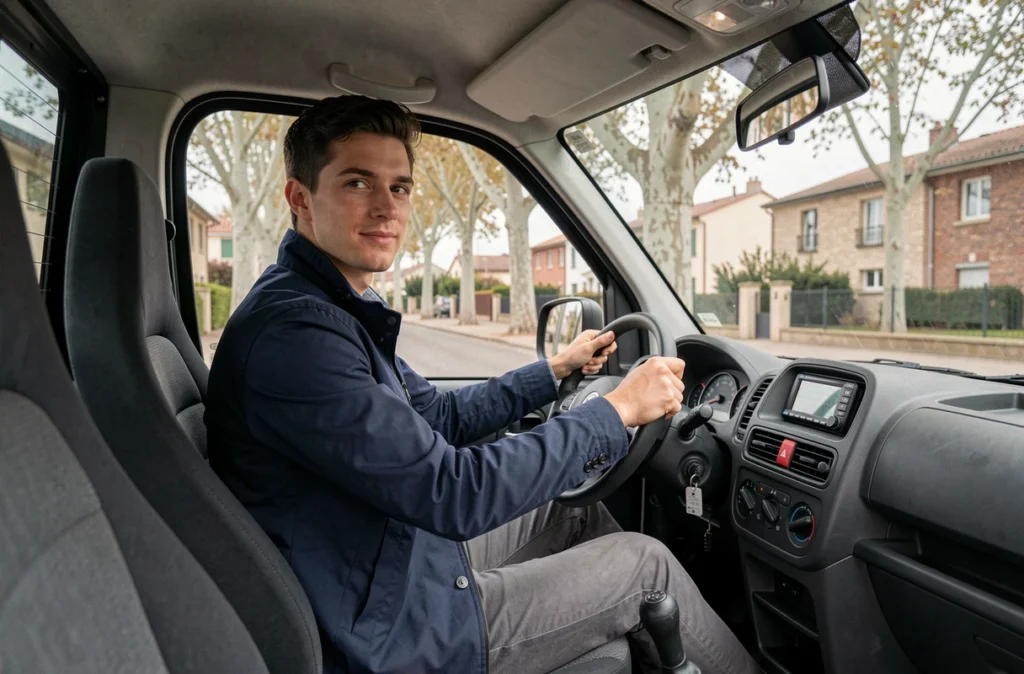 Jeune conducteur au volant d'une voiturette électrique dans une rue de Bourg-en-Bresse
