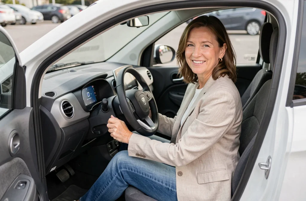 Femme d'une quarantaine d'années assise au volant d'une voiturette électrique sans permis avec portière ouverte