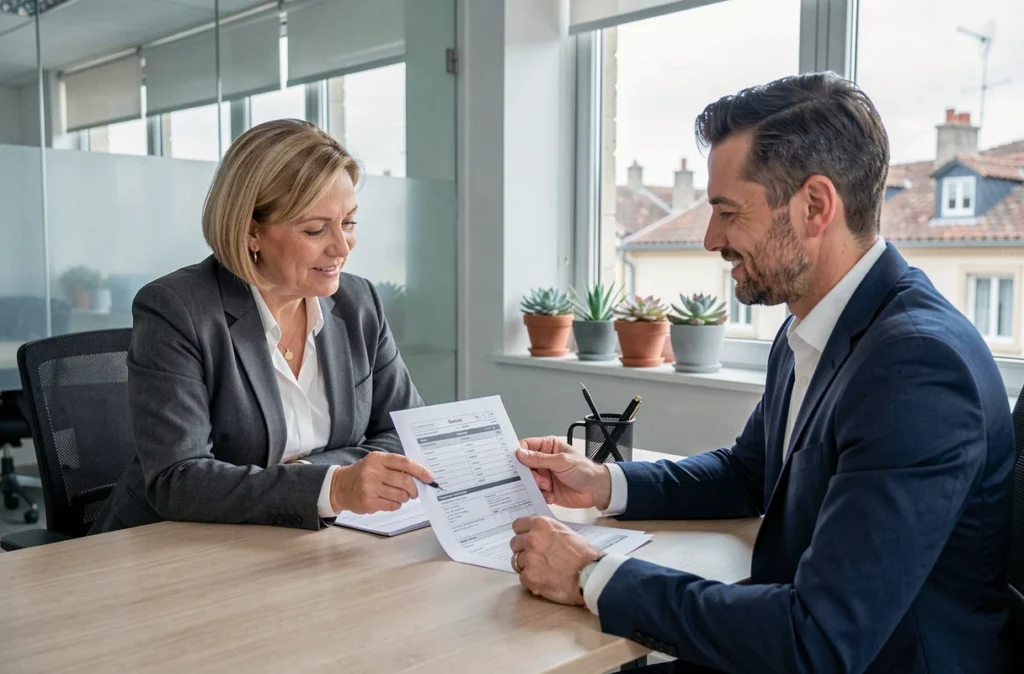 Conseillère en assurance présentant un devis auto à un client dans un bureau à Narbonne