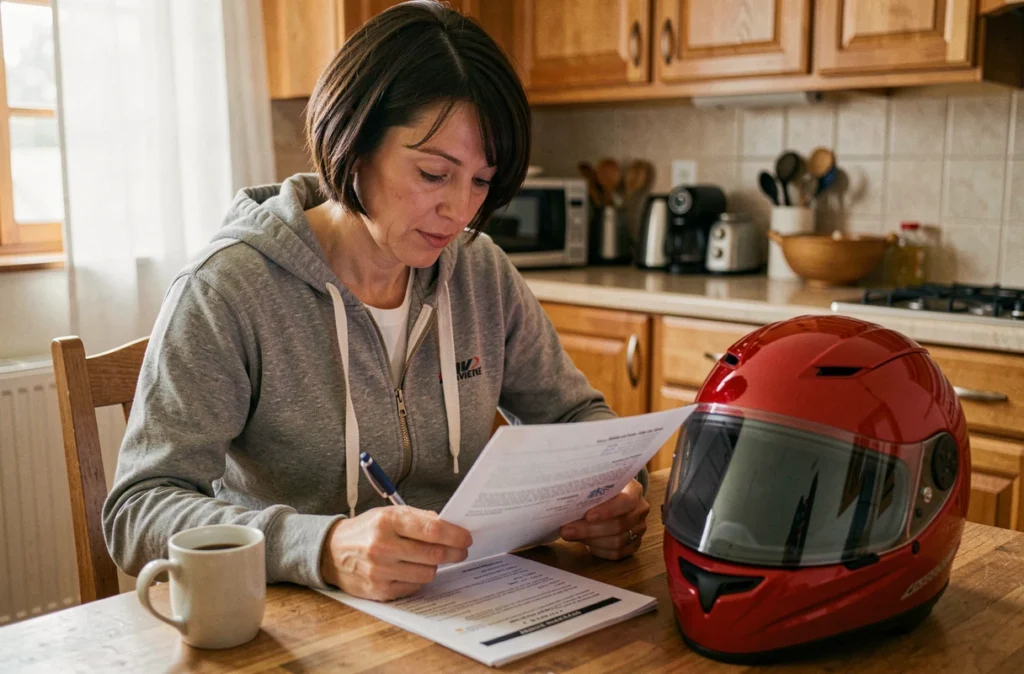 Femme consultant un contrat d'assurance moto cross à la maison avec casque sur la table