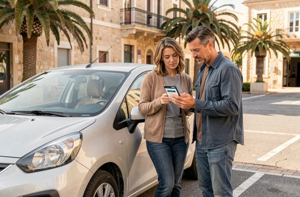 Couple consultant une application de comparaison d'assurance auto sur smartphone près de leur voiture à Montpellier