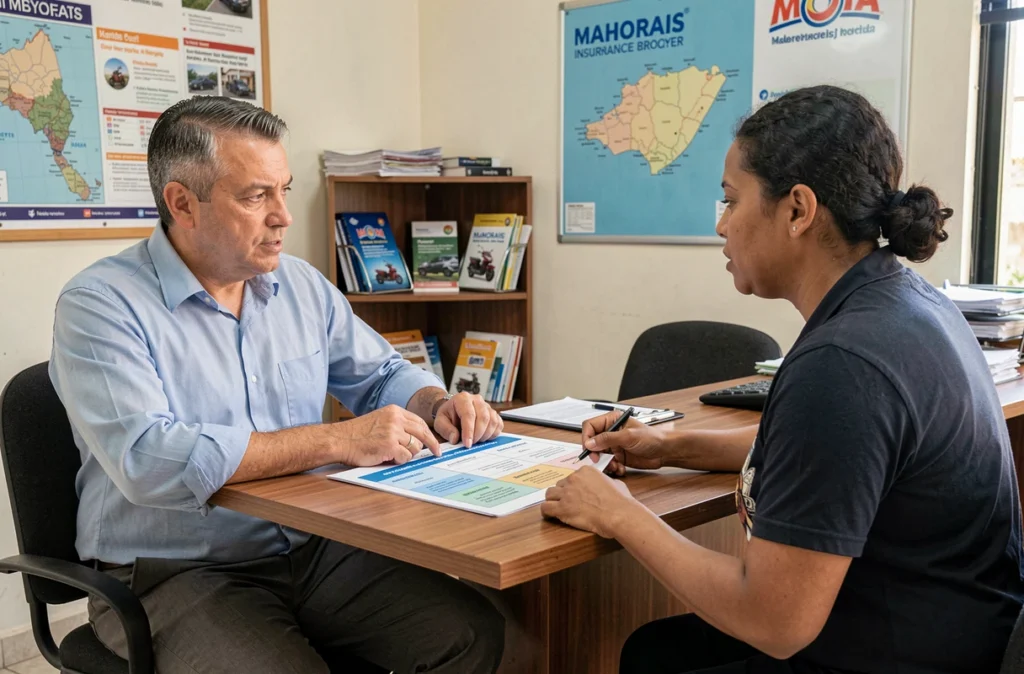 Courtier en assurance mahorais expliquant les offres d'assurance scooter à un client dans une agence locale à Mayotte