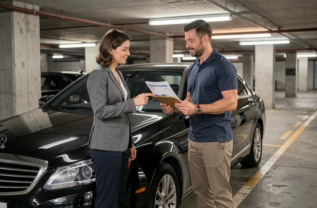 Courtière en assurance présentant un devis d'assurance VTC à un chauffeur professionnel dans un parking