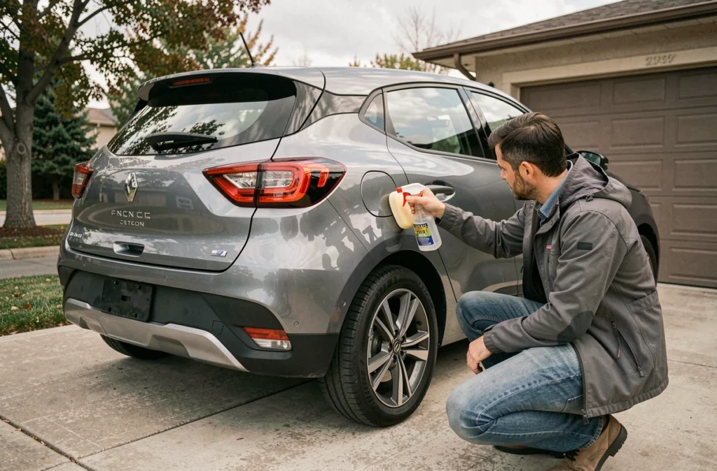 Propriétaire inspectant et décontaminant la carrosserie gris rafale de sa Renault Symbioz avec un clay bar dans une allée résidentielle