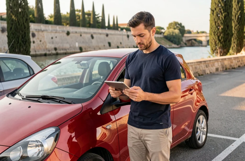 Homme obtenant un devis d'assurance auto en ligne près du canal de Narbonne