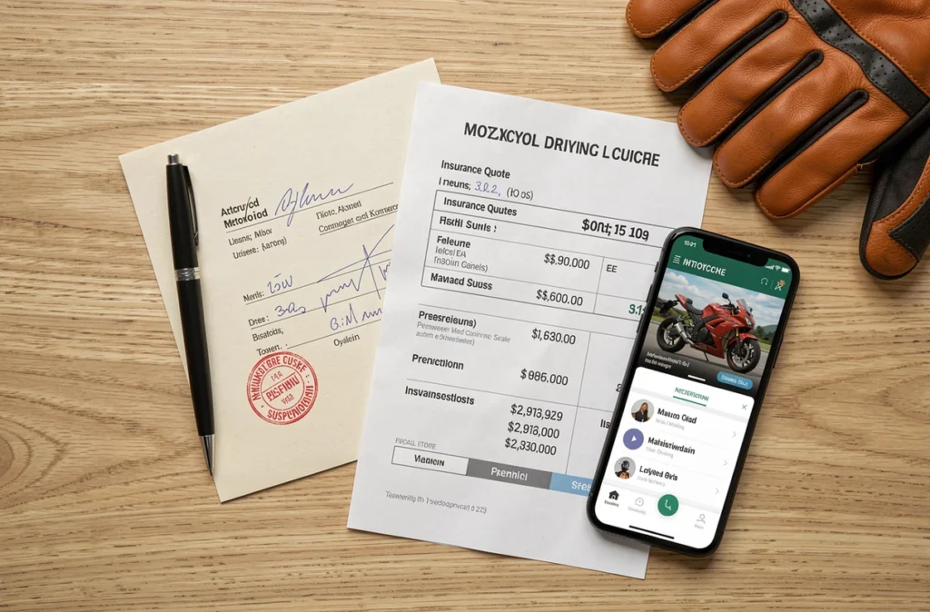 Documents administratifs pour assurance moto après suspension de permis incluant devis et permis de conduire