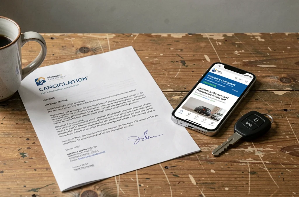 Documents de résiliation d'assurance auto, smartphone et clé de voiture sur un bureau, procédure loi Chatel