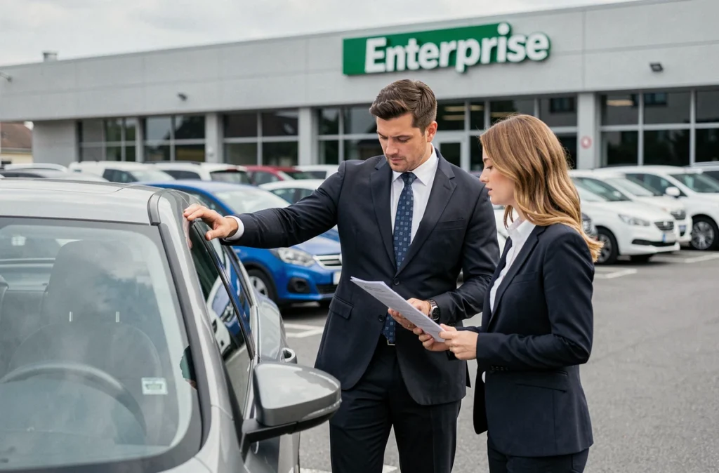 Agent Enterprise effectuant un état des lieux d'un véhicule avec une cliente dans le parking de l'agence Enterprise Strasbourg