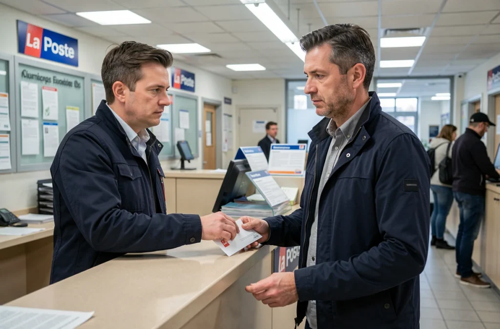 Homme envoyant une lettre recommandée de résiliation d'assurance auto à la poste conformément à la loi Chatel