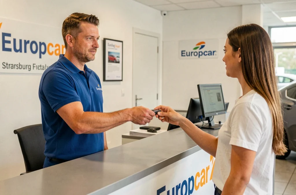 Agent Europcar remettant les clés d'un véhicule à une cliente au comptoir de l'agence Europcar Strasbourg