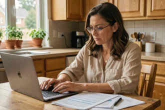 Femme comparant des offres d'assurance véhicule sur ordinateur portable à la maison