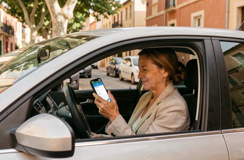 Femme utilisant une application de devis d'assurance auto depuis sa voiture à Narbonne