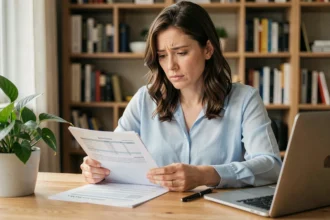 Femme consultant des documents d'assurance voiture à son bureau à domicile