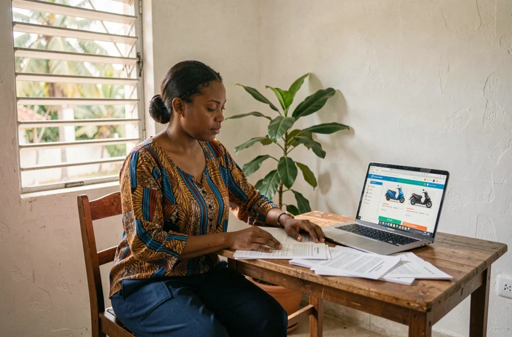 Femme mahoraise étudiant des documents d'assurance scooter à son bureau avec un ordinateur portable