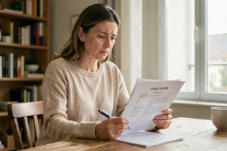 Femme examinant un document de résiliation d'assurance auto à son domicile, loi Chatel
