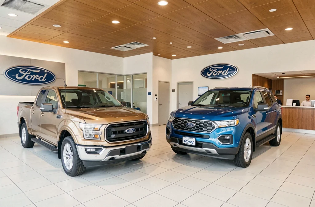 Véhicules Ford exposés dans le showroom de la concession Ford Eurocarland dans le Nord