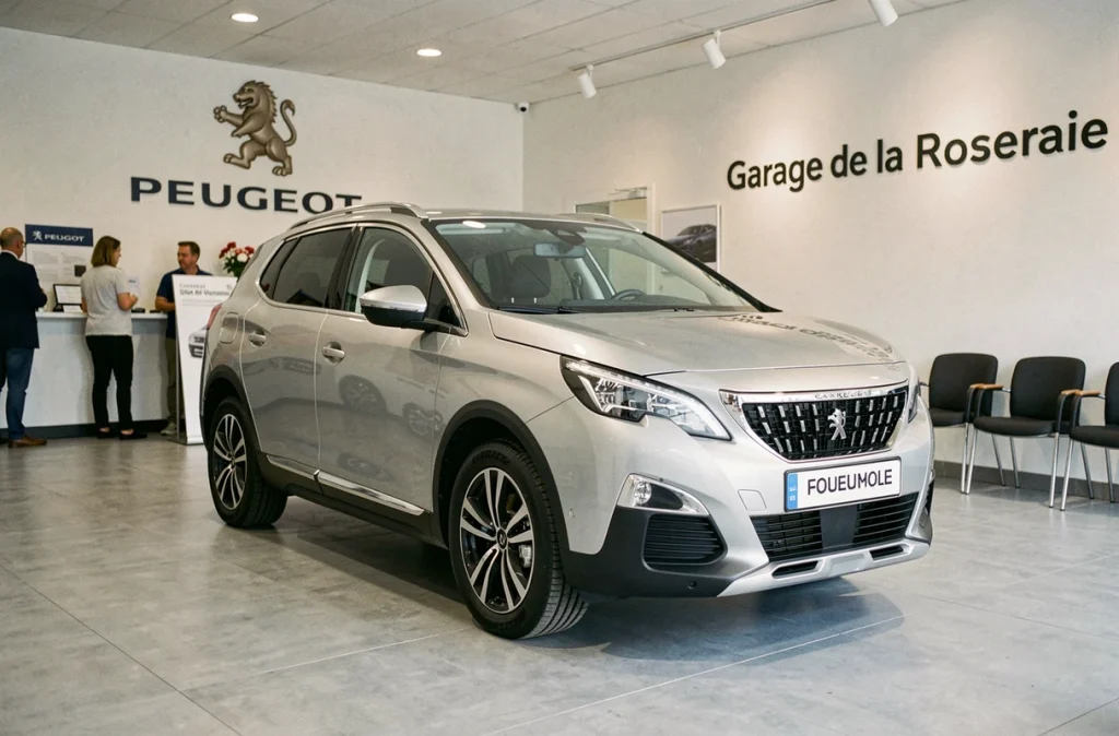 Peugeot 3008 exposée au centre du showroom du Garage de la Roseraie, concessionnaire Peugeot dans le Nord
