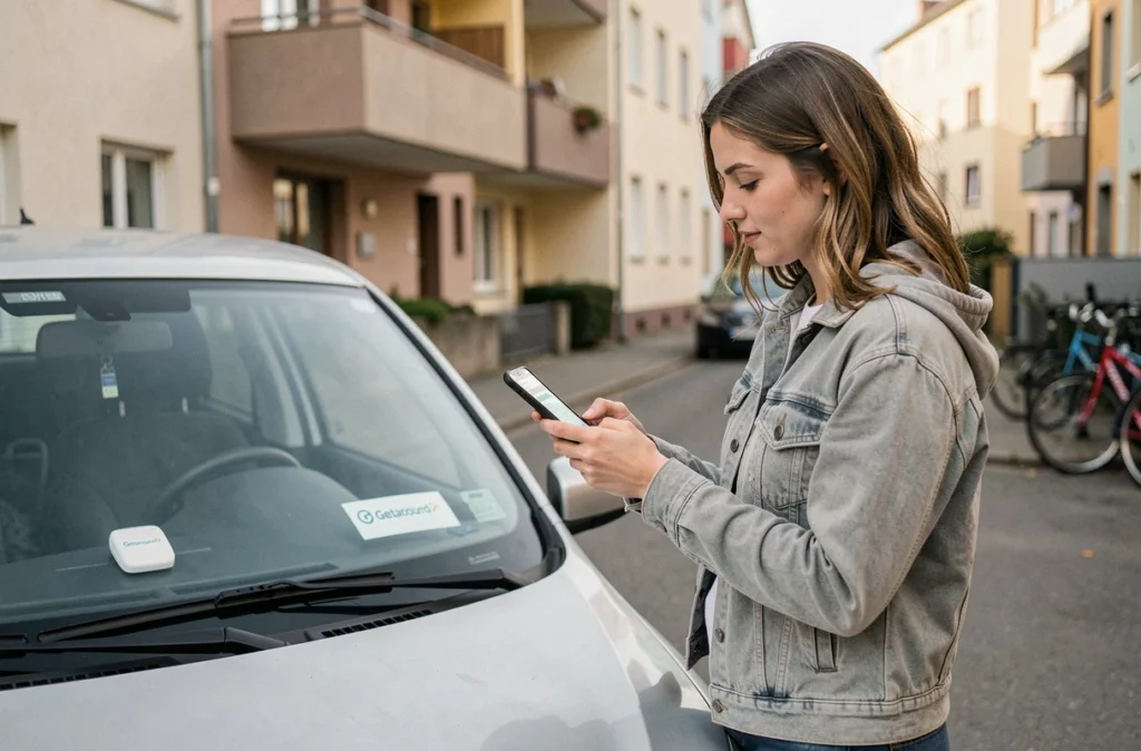 Jeune femme déverrouillant une voiture Getaround via smartphone dans une rue résidentielle de Strasbourg