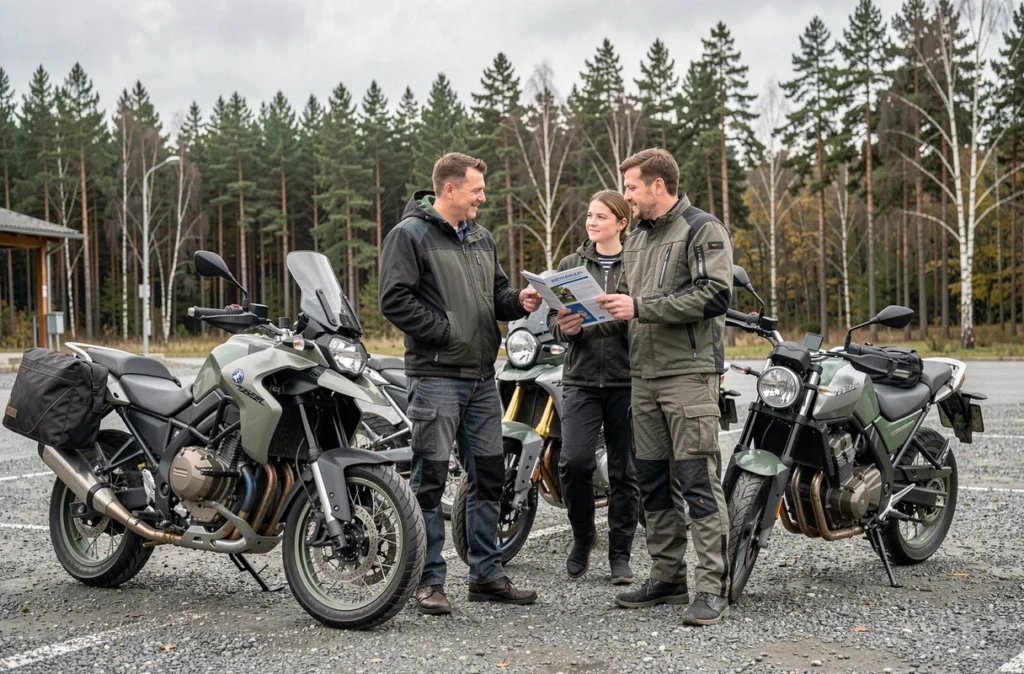 Groupe de motards discutant d'assurance moto verte lors d'une pause sur la route