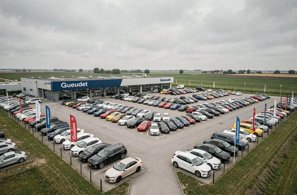 Vue d'ensemble du grand complexe Gueudet Automobile dans le Nord avec de nombreux véhicules exposés sur le parvis