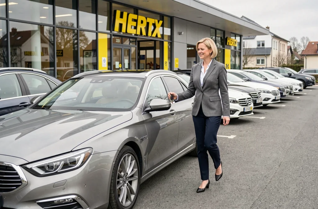 Femme d'affaires récupérant un véhicule premium devant l'agence Hertz Strasbourg