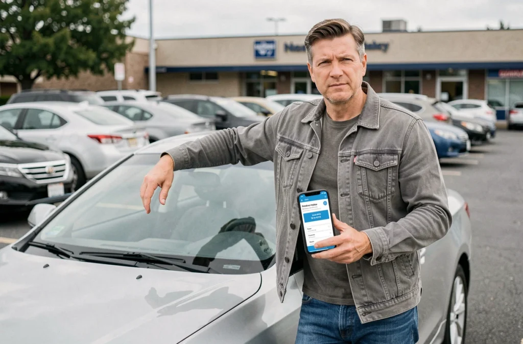 Homme comparant des assurances voiture sur son smartphone près de sa voiture