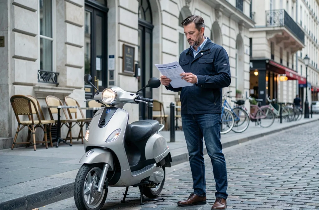 Homme examinant un devis d'assurance scooter dans une rue urbaine