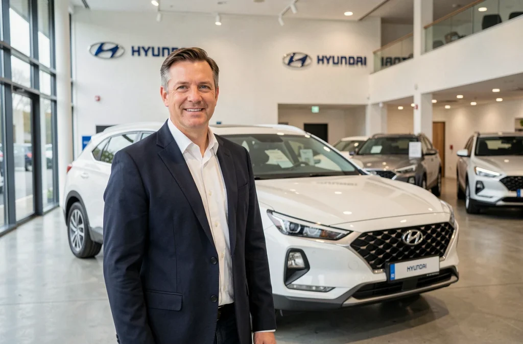 Conseiller commercial devant une Hyundai dans le showroom de la concession Valauto à Lomme, près de Lille