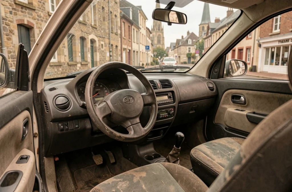 Intérieur d'une voiture sans permis d'occasion avec vue sur une rue de Quimper
