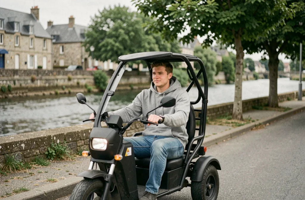 Jeune conducteur au volant d'une voiture sans permis d'occasion le long de l'Odet à Quimper