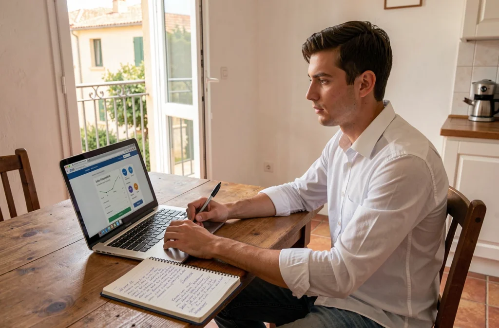 Jeune homme comparant des assurances auto en ligne sur ordinateur portable dans un appartement à Montpellier