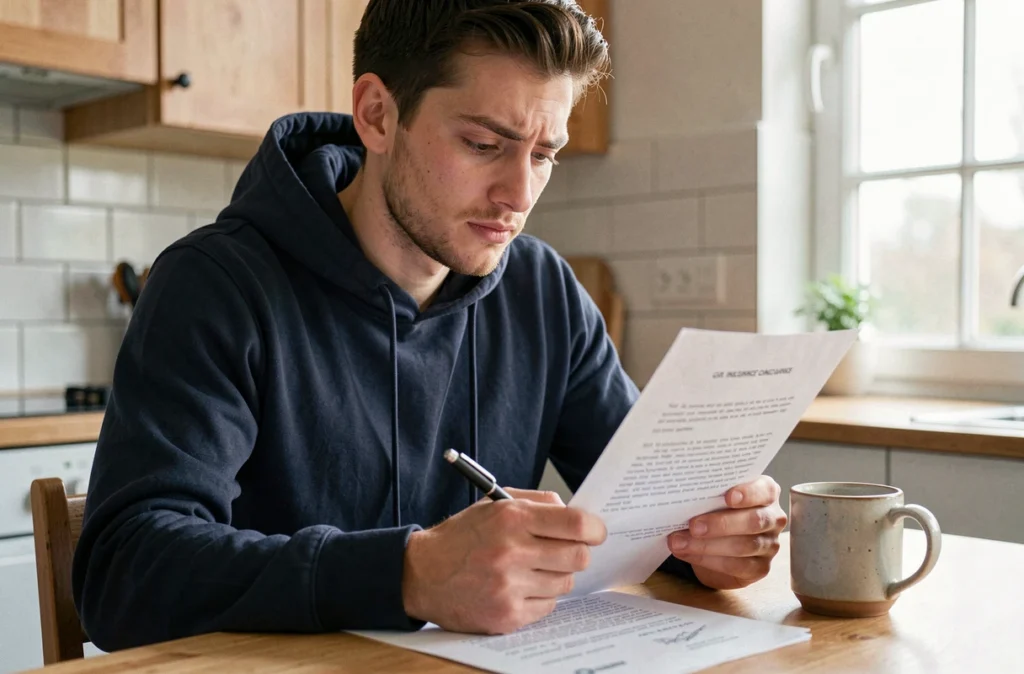 Jeune homme lisant une lettre de résiliation d'assurance voiture dans sa cuisine