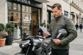 Motard consultant un document d'assurance moto verte devant une agence en ville