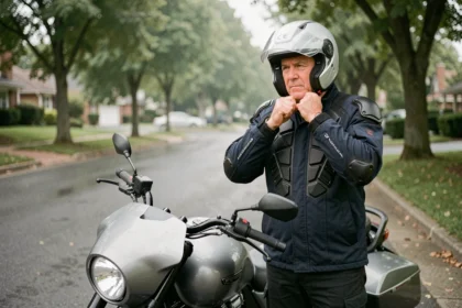 Motard en équipement de protection complet prêt à reprendre la route après une suspension de permis moto