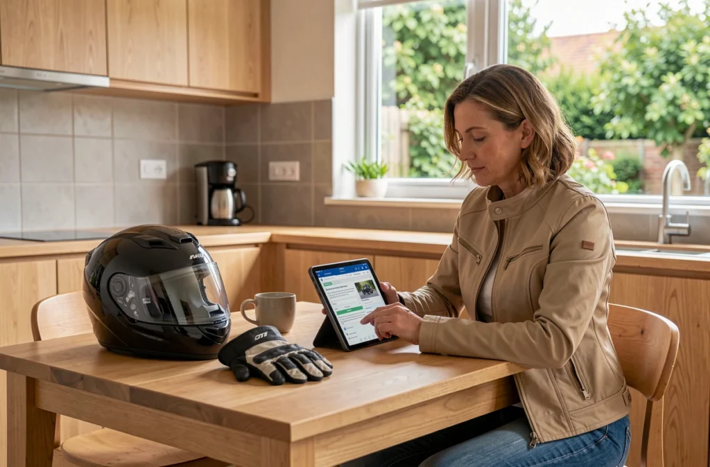 Motarde comparant des avis d'assurance moto écologique sur une tablette à domicile