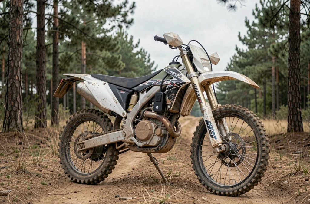 Moto cross sécurisée avec traceur GPS garée sur un sentier de forêt